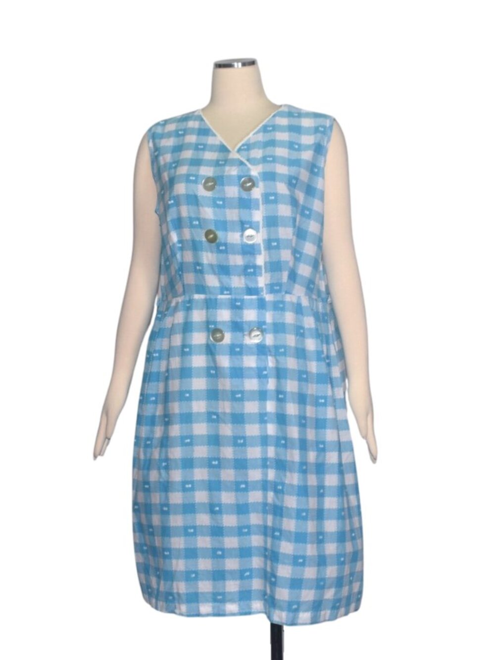 Vintage 60s Blue White Gingham Check Swiss Dot Cotton Shift Dress Mod USA XL